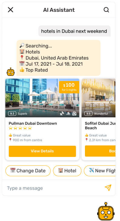 Search for hotels using AI chatbot