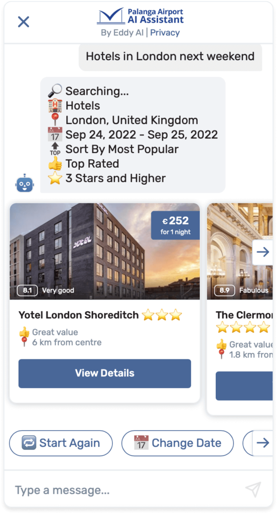 Eddy AI Assistant Helps to Find Hotels on Palanga Airport Chatbot