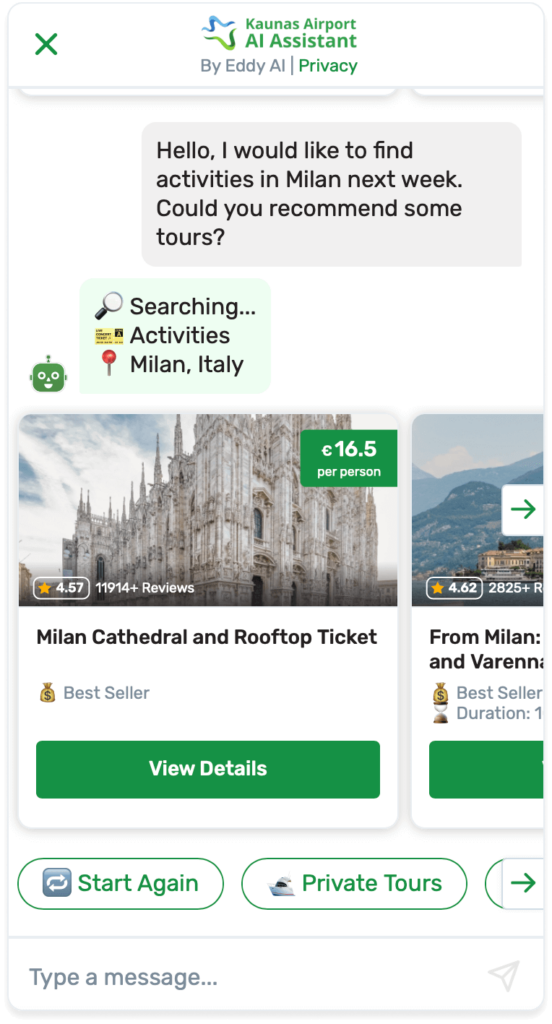 Eddy AI Assistant Helps to Find Tours on Kaunas Airport Chatbot