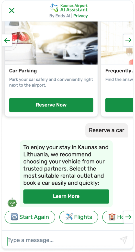 Eddy AI Assistant Shows Paid Services Provided at Kaunas Airport